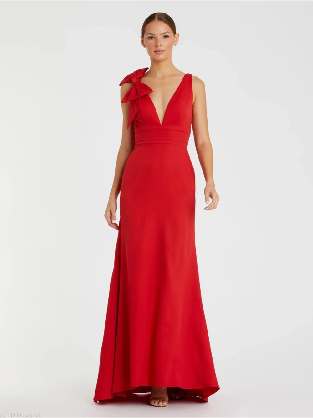 NWT 49454 Mac Duggal Red Sleeveless V Neck Bow Detail Mermaid Gown Wedding Guest - Picture 3 of 14